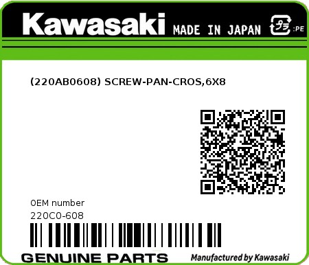 Product image: Kawasaki - 220C0-608 - (220AB0608) SCREW-PAN-CROS,6X8  0