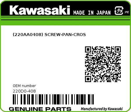 Product image: Kawasaki - 220D0-408 - (220AA0408) SCREW-PAN-CROS  0