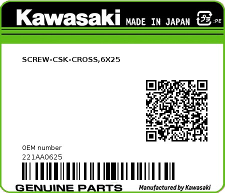 Product image: Kawasaki - 221AA0625 - SCREW-CSK-CROSS,6X25  0