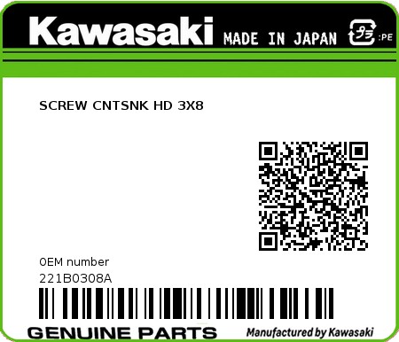Product image: Kawasaki - 221B0308A - SCREW CNTSNK HD 3X8  0
