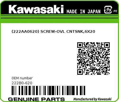 Product image: Kawasaki - 222B0-620 - (222AA0620) SCREW-OVL CNTSNK,6X20  0
