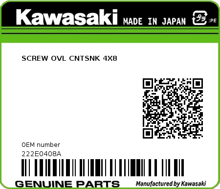 Product image: Kawasaki - 222E0408A - SCREW OVL CNTSNK 4X8  0