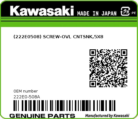 Product image: Kawasaki - 222E0-508A - (222E0508) SCREW-OVL CNTSNK,5X8  0