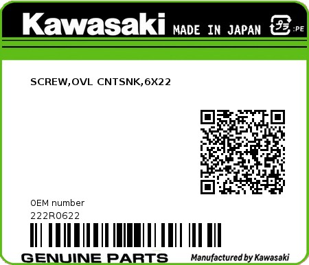 Product image: Kawasaki - 222R0622 - SCREW,OVL CNTSNK,6X22  0