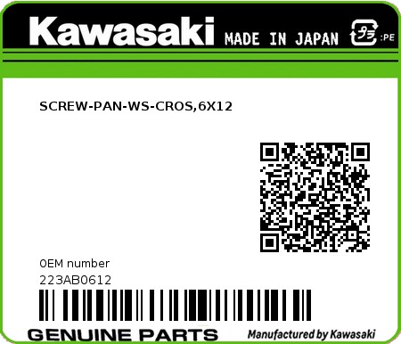 Product image: Kawasaki - 223AB0612 - SCREW-PAN-WS-CROS,6X12  0