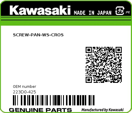 Product image: Kawasaki - 223D0-425 - SCREW-PAN-WS-CROS  0