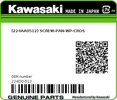 Product image: Kawasaki - 224D0-512 - (224AA0512) SCREW-PAN-WP-CROS  0