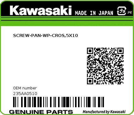 Product image: Kawasaki - 235AA0510 - SCREW-PAN-WP-CROS,5X10  0
