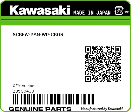 Product image: Kawasaki - 235C0430 - SCREW-PAN-WP-CROS  0