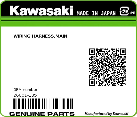 Product image: Kawasaki - 26001-135 - WIRING HARNESS,MAIN  0