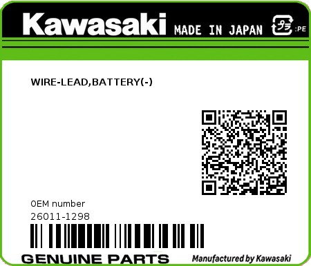 Product image: Kawasaki - 26011-1298 - WIRE-LEAD,BATTERY(-)  0