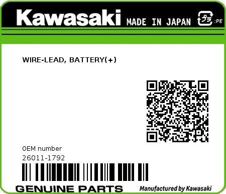 Product image: Kawasaki - 26011-1792 - WIRE-LEAD, BATTERY(+)  0