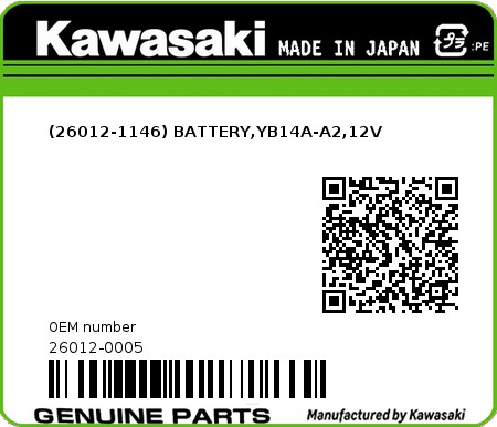Product image: Kawasaki - 26012-0005 - (26012-1146) BATTERY,YB14A-A2,12V  0
