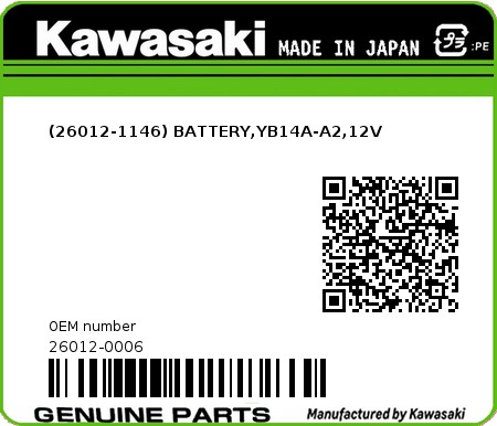 Product image: Kawasaki - 26012-0006 - (26012-1146) BATTERY,YB14A-A2,12V  0