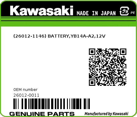 Product image: Kawasaki - 26012-0011 - (26012-1146) BATTERY,YB14A-A2,12V  0