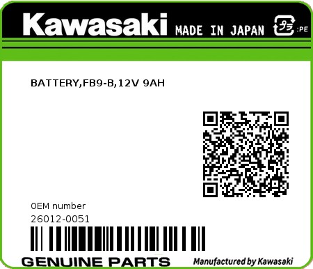Product image: Kawasaki - 26012-0051 - BATTERY,FB9-B,12V 9AH  0