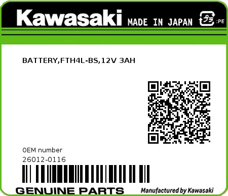 Product image: Kawasaki - 26012-0116 - BATTERY,FTH4L-BS,12V 3AH  0