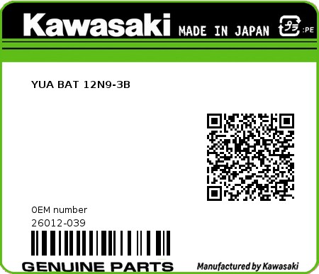Product image: Kawasaki - 26012-039 - YUA BAT 12N9-3B  0
