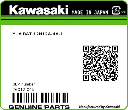 Product image: Kawasaki - 26012-045 - YUA BAT 12N12A-4A-1  0