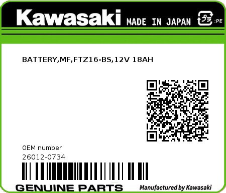 Product image: Kawasaki - 26012-0734 - BATTERY,MF,FTZ16-BS,12V 18AH  0