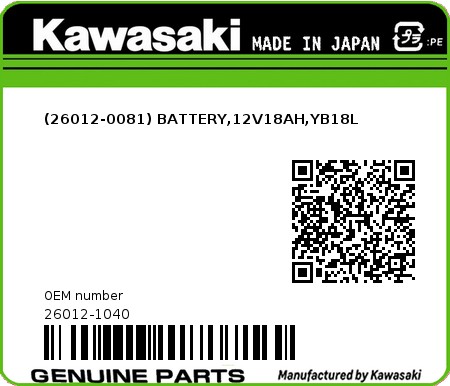 Product image: Kawasaki - 26012-1040 - (26012-0081) BATTERY,12V18AH,YB18L  0