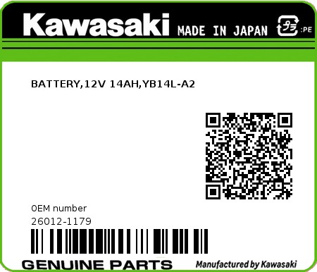 Product image: Kawasaki - 26012-1179 - BATTERY,12V 14AH,YB14L-A2  0