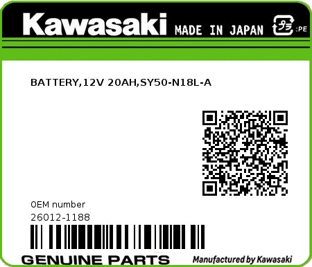 Product image: Kawasaki - 26012-1188 - BATTERY,12V 20AH,SY50-N18L-A  0