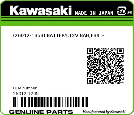 Product image: Kawasaki - 26012-1205 - (26012-1353) BATTERY,12V 8AH,FB9L-  0