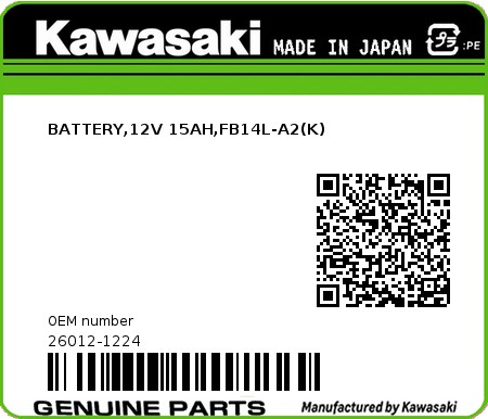 Product image: Kawasaki - 26012-1224 - BATTERY,12V 15AH,FB14L-A2(K)  0