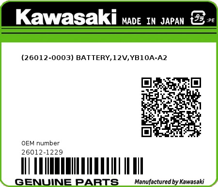 Product image: Kawasaki - 26012-1229 - (26012-0003) BATTERY,12V,YB10A-A2  0