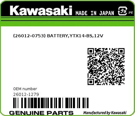 Product image: Kawasaki - 26012-1279 - (26012-0753) BATTERY,YTX14-BS,12V  0