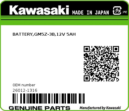 Product image: Kawasaki - 26012-1316 - BATTERY,GM5Z-3B,12V 5AH  0