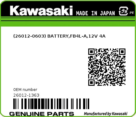 Product image: Kawasaki - 26012-1363 - (26012-0603) BATTERY,FB4L-A,12V 4A  0