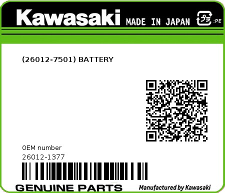 Product image: Kawasaki - 26012-1377 - (26012-7501) BATTERY  0