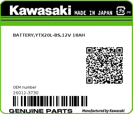 Product image: Kawasaki - 26012-3730 - BATTERY,YTX20L-BS,12V 18AH  0