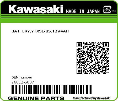 Product image: Kawasaki - 26012-S007 - BATTERY,YTX5L-BS,12V4AH  0