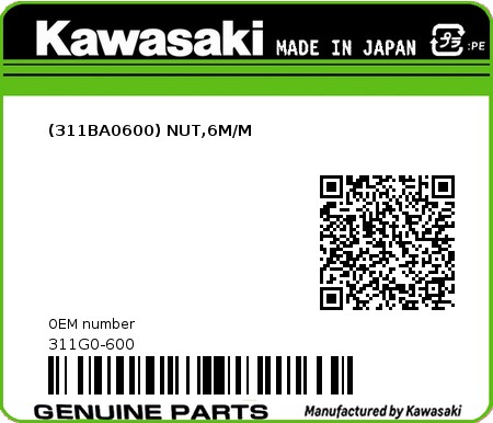 Product image: Kawasaki - 311G0-600 - (311BA0600) NUT,6M/M  0