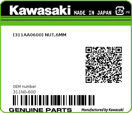 Product image: Kawasaki - 311N0-600 - (311AA0600) NUT,6MM  0