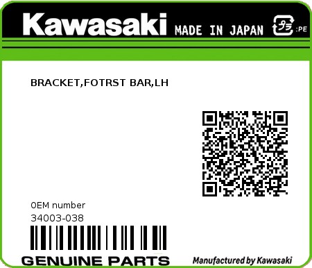 Product image: Kawasaki - 34003-038 - BRACKET,FOTRST BAR,LH  0