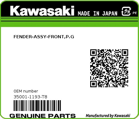 Product image: Kawasaki - 35001-1193-T8 - FENDER-ASSY-FRONT,P.G  0
