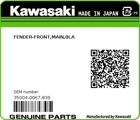 Product image: Kawasaki - 35004-0067-839 - FENDER-FRONT,MAIN,BLA  0