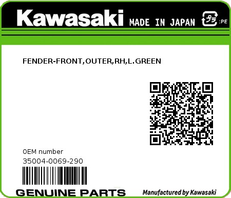 Product image: Kawasaki - 35004-0069-290 - FENDER-FRONT,OUTER,RH,L.GREEN  0