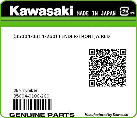 Product image: Kawasaki - 35004-0106-260 - (35004-0314-260) FENDER-FRONT,A.RED  0