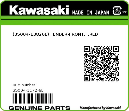 Product image: Kawasaki - 35004-1172-6L - (35004-13826L) FENDER-FRONT,F.RED  0