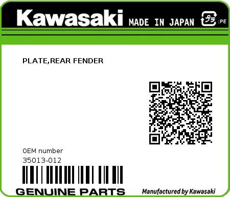 Product image: Kawasaki - 35013-012 - PLATE,REAR FENDER  0