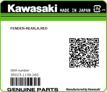 Product image: Kawasaki - 35023-1139-260 - FENDER-REAR,A.RED  0
