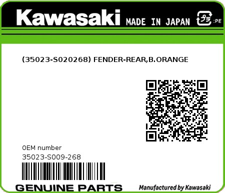 Product image: Kawasaki - 35023-S009-268 - (35023-S020268) FENDER-REAR,B.ORANGE  0