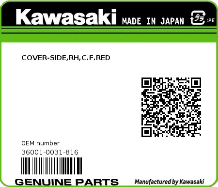 Product image: Kawasaki - 36001-0031-816 - COVER-SIDE,RH,C.F.RED  0