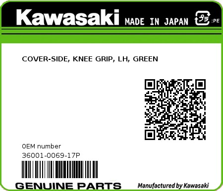 Product image: Kawasaki - 36001-0069-17P - COVER-SIDE, KNEE GRIP, LH, GREEN  0