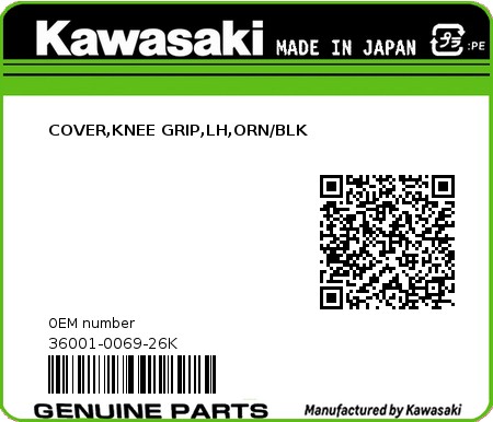 Product image: Kawasaki - 36001-0069-26K - COVER,KNEE GRIP,LH,ORN/BLK  0